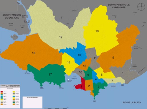 Mapa de Montevideo y sus 18 Zonas o Distritos