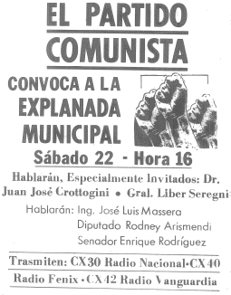 Acto del Partido Comunista en la Explanada Municipal, en homenaje a los obreros fusilados (Luis Alberto Mendiola,  Elman Fernndez,  Ral Gancio,  Justo Sena,  Ricardo Gonzlez,  Jos Abreu y  Ruben Lpez) por las Fuerzas Conjuntas en el Paso Molino